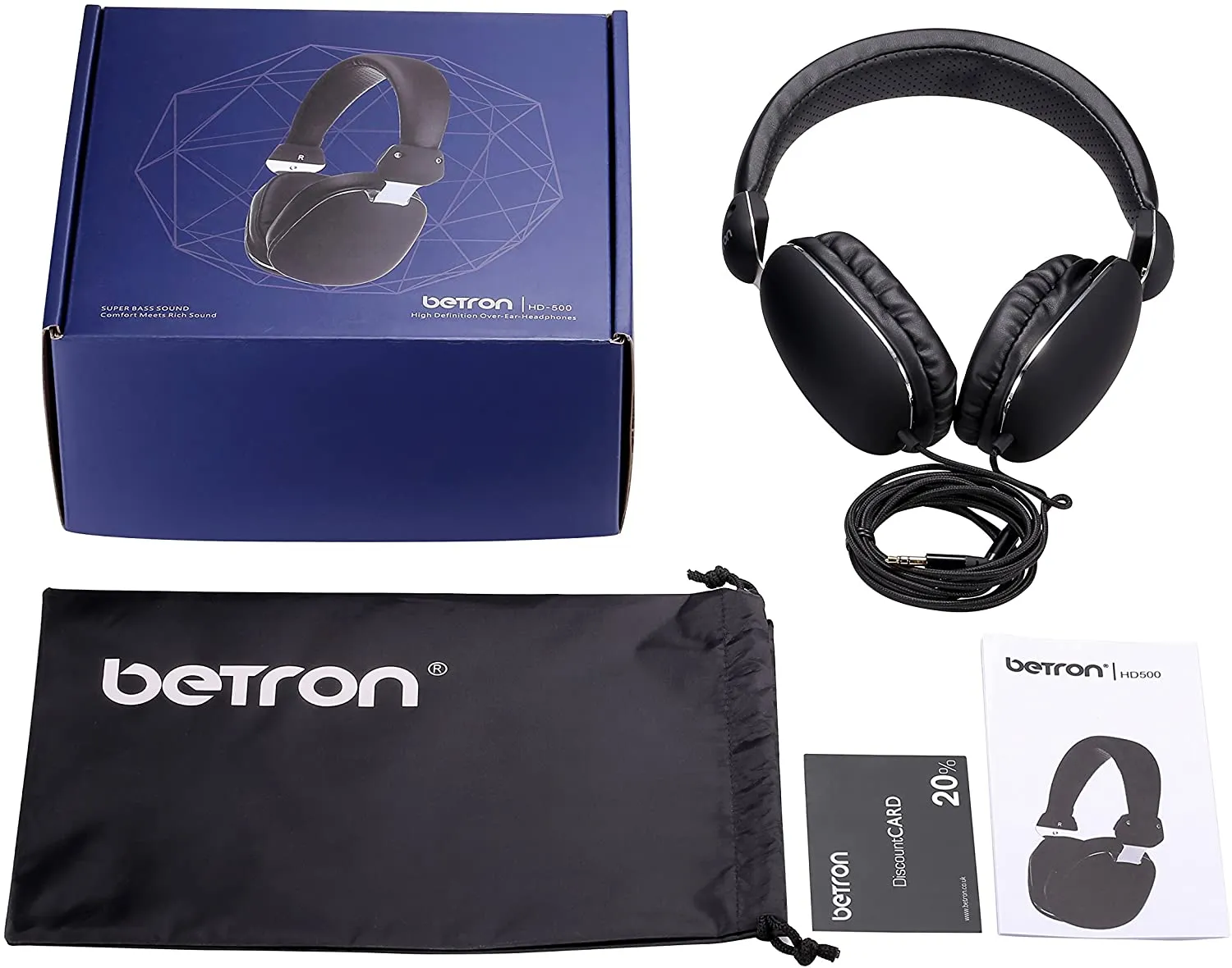 Betron HD500 on Ear Headphones Earphones Bass Driven Sound Light Weight Black