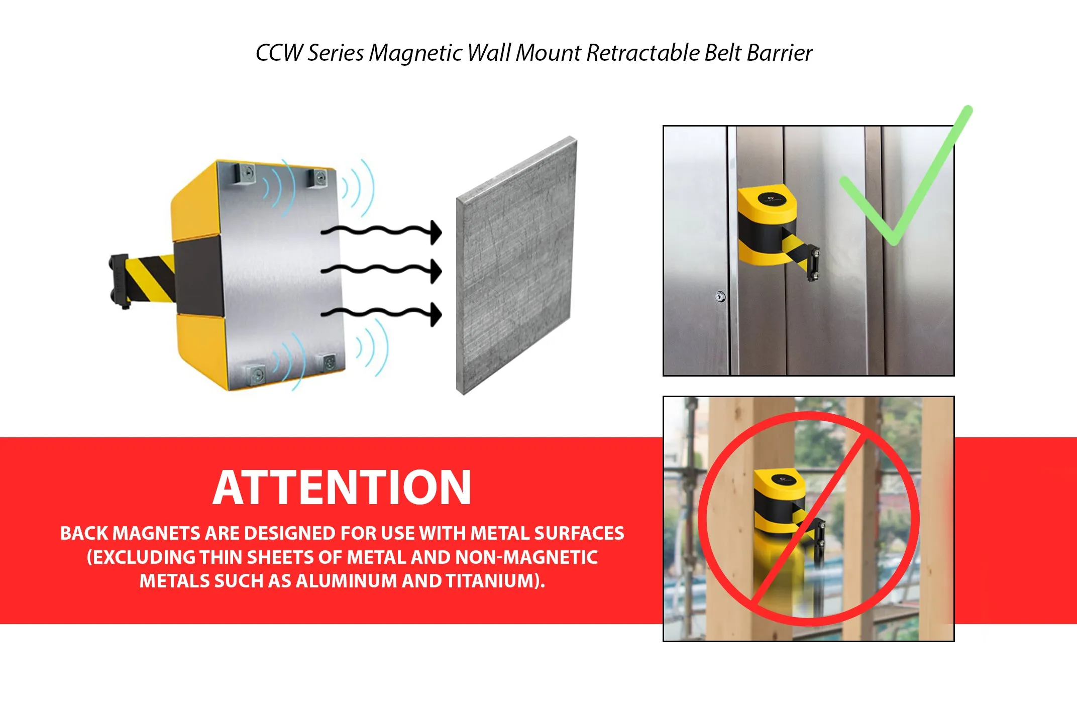 CCW Series WMB-230- Wall Mounted Retractable Belt Barrier With Black Magnetic ABS Case- 20, 25, & 30 Ft. Belts