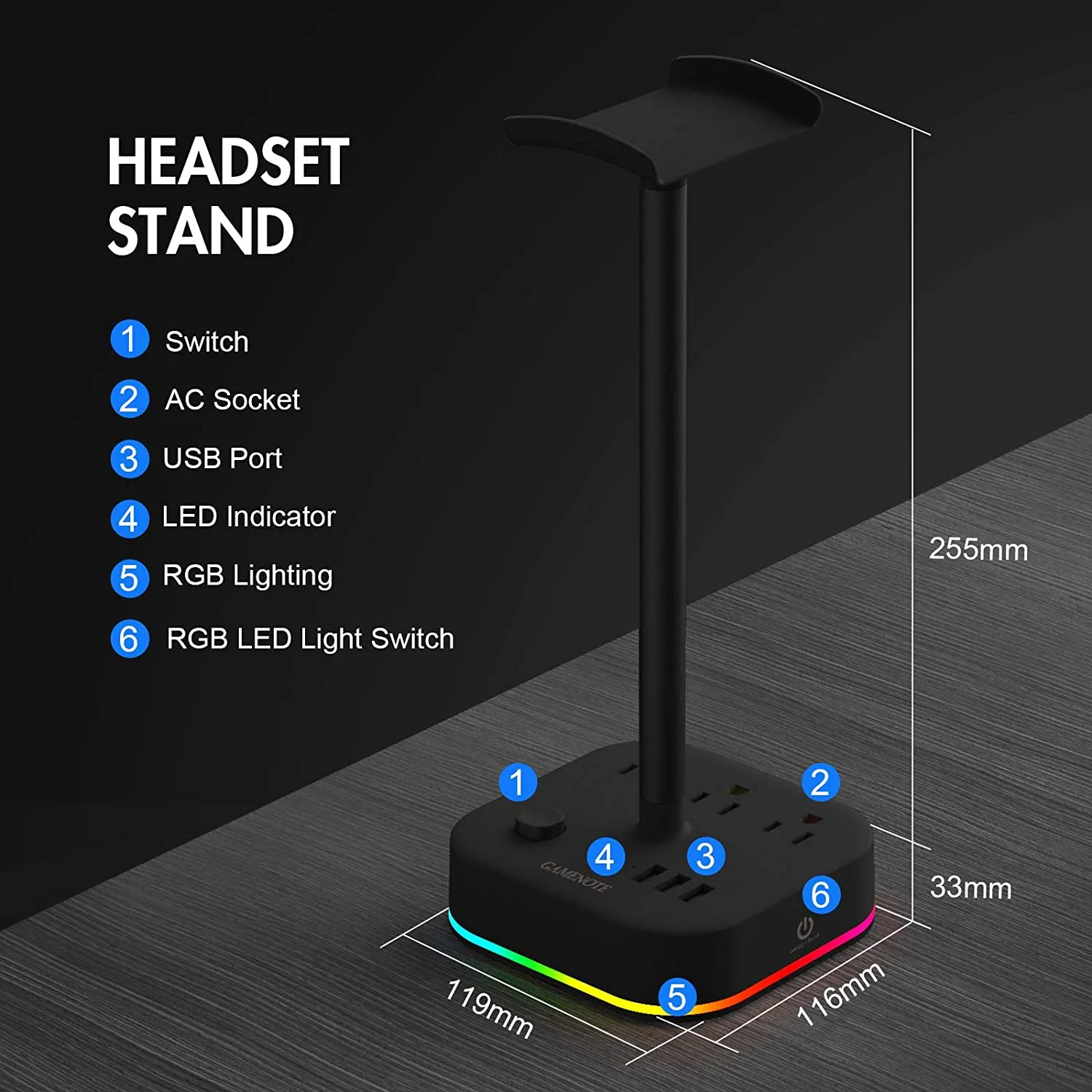 HAVIT DPM05 RGB Headset Stand with 3 USB Charging Ports & 3 Power Outlets 【US Only】