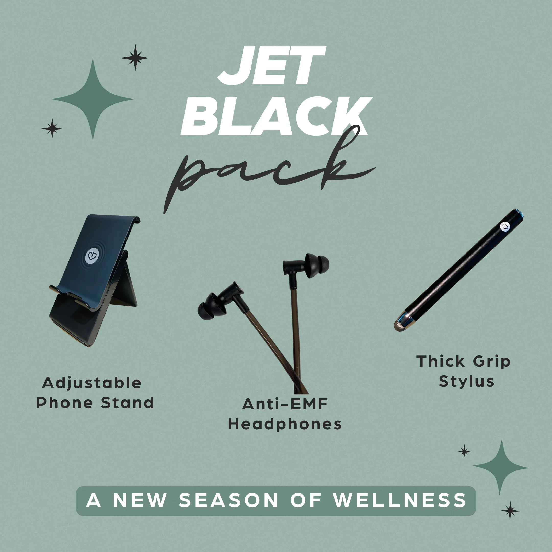 Jet Black Pack: Anti-EMF Headphones, Phone Stand, Stylus & Adapter