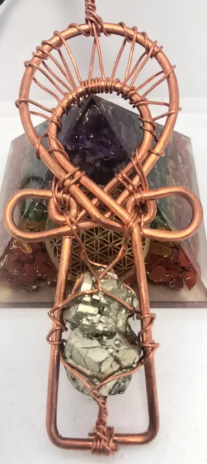 Pyrite Dodecahedron Copper Ankh Wirewrapped  Pendant