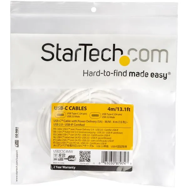 Startech.Com Usb C To Usb C Cable - 13 Ft / 4M - 5A Pd - M/M - White - Usb 2.0 - Usb-If Certified - Usb Type C Cable - U